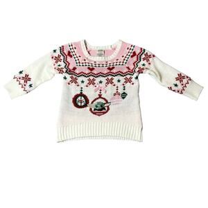 Star Wars Sweater Baby 2T Cream Pink Red‎ Yoda The Child Grogu Holiday Sweater